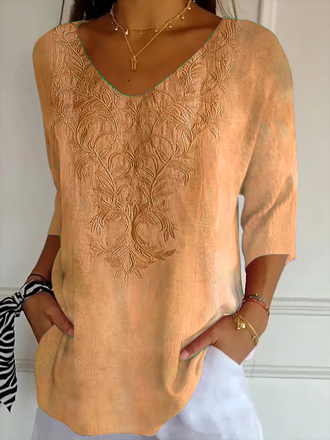 Casual Floral V Neck Three Quarter Sleeve T-shirt