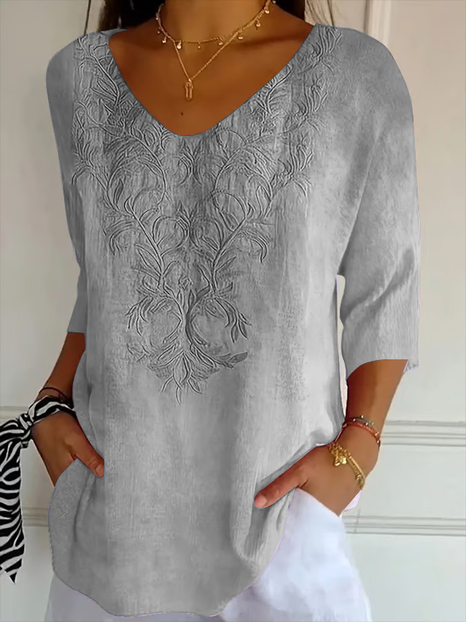 Casual Floral V Neck Three Quarter Sleeve T-shirt