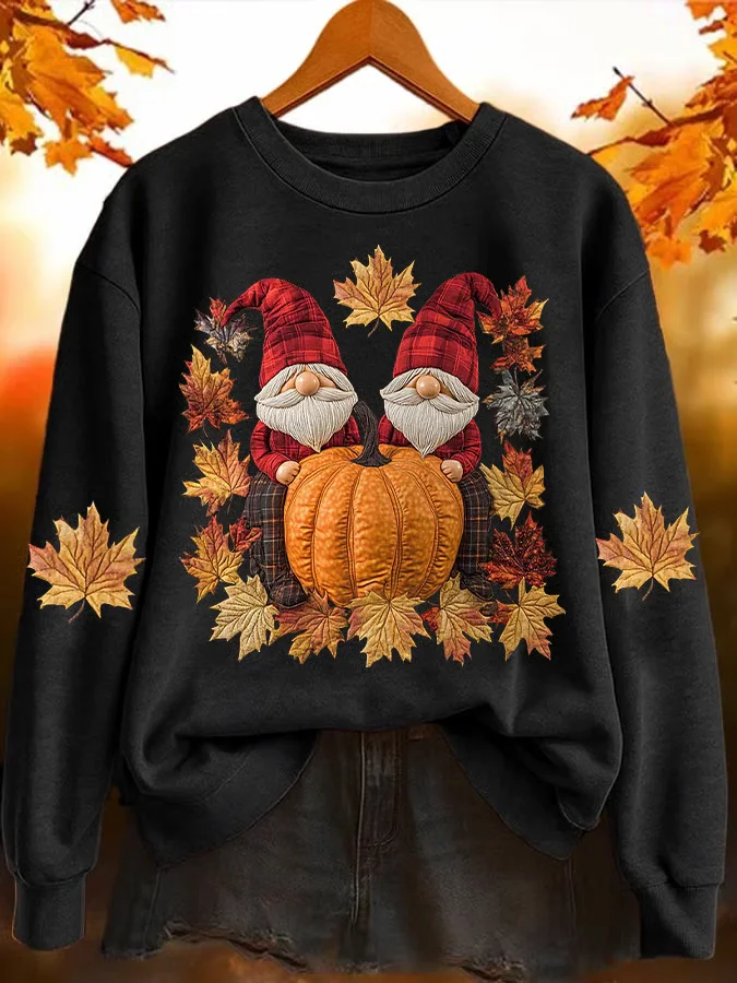 Casual Halloween Pumpkin Maple Leaf Printing Crew Neck Sweatshirt 