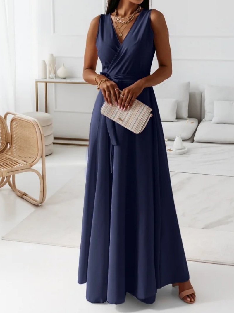 Women Plain Summer Split Joint Dress V Neck Sleeveless Tank A-Line Dress