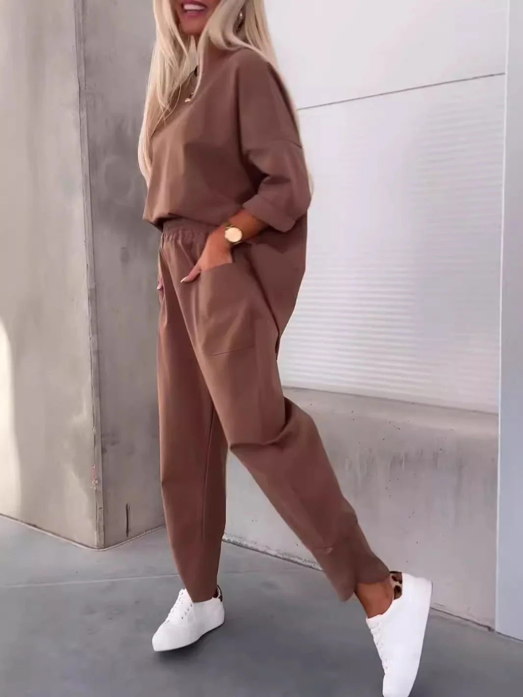 Women Plain Split Joint Two-Piece Set Daily Long Sleeve Casual Spring/Fall Top With Pants Matching Set