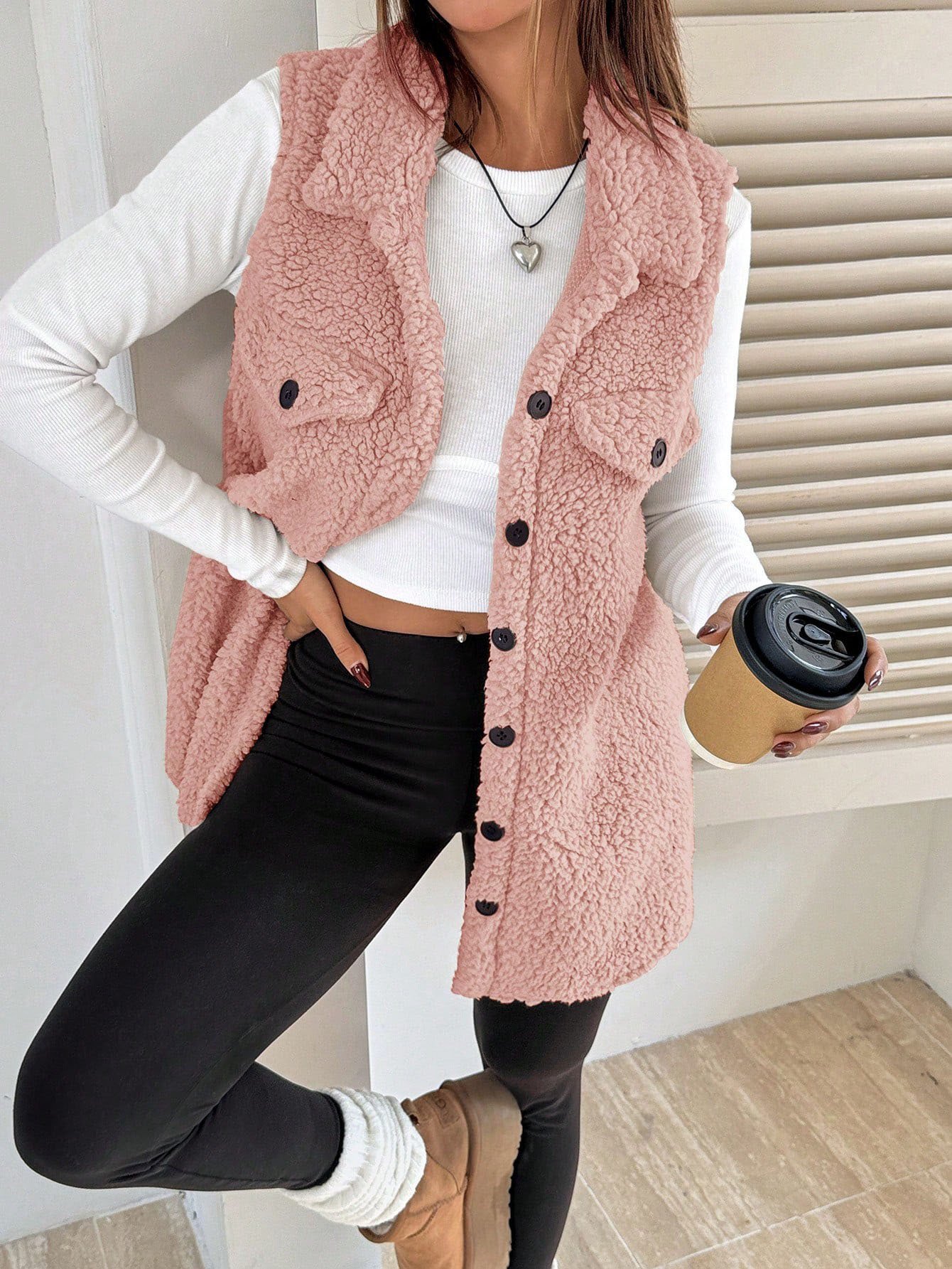 Women's Autumn And Winter Lapel Buttoned Plush Vest Jacket Loose Temperament Commuting Imitation Lambskin
