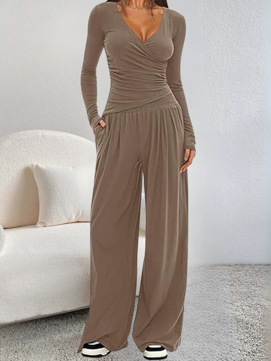 Women Plain Split Joint Two-Piece Set Daily Long Sleeve Casual Spring/Fall Top With Pants Matching Set