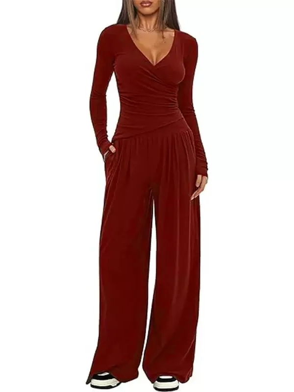 Women Plain Split Joint Two-Piece Set Daily Long Sleeve Casual Spring/Fall Top With Pants Matching Set