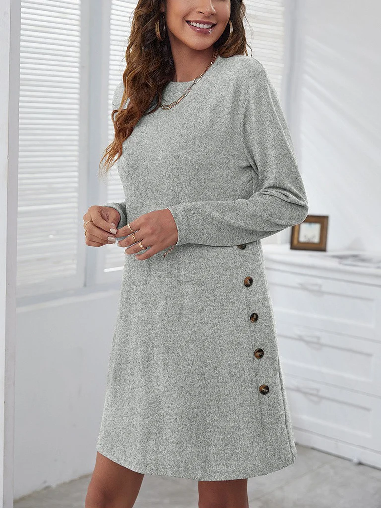 Women Plain Spring/Fall Split Joint Dress Crew Neck Long Sleeve Shift Dress A-Line Dress