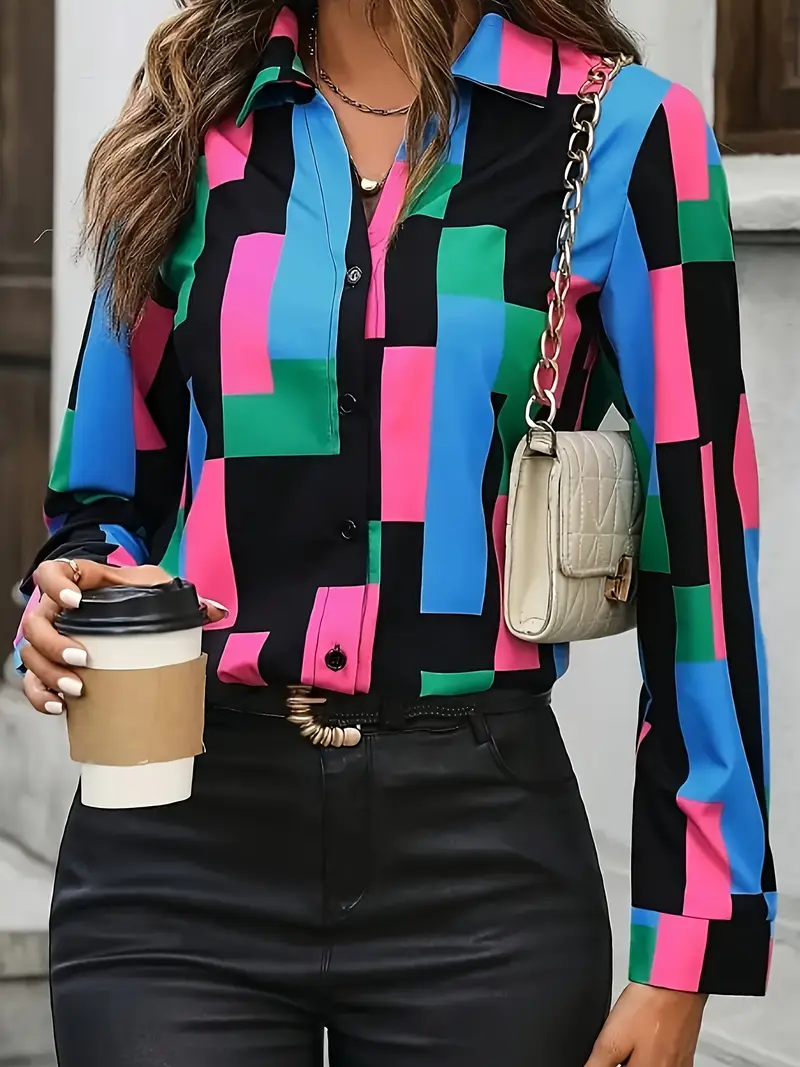 Shirt Collar Regular Sleeve Long Sleeve Abstract Buckle Regular Loose Button Up Shirt Shirt For Women