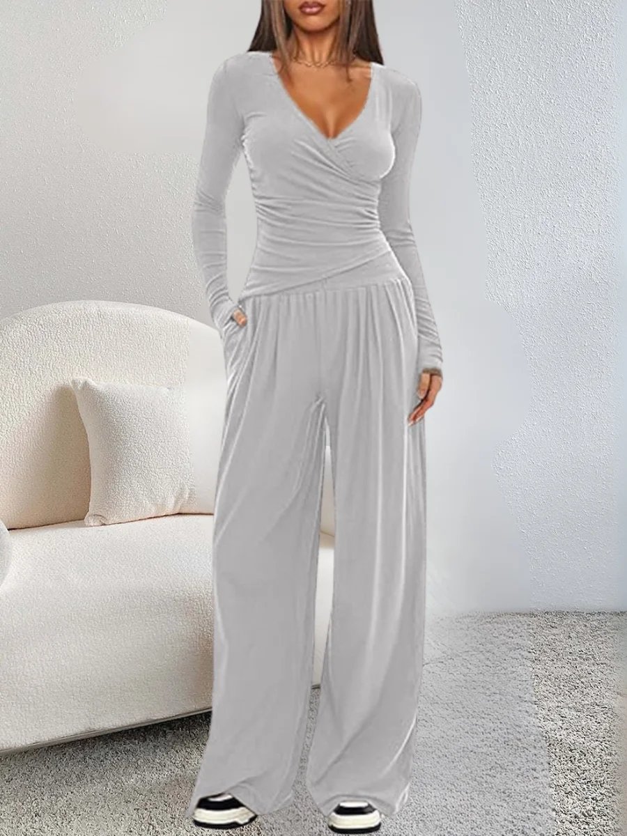 Women Plain Split Joint Two-Piece Set Daily Long Sleeve Casual Spring/Fall Top With Pants Matching Set