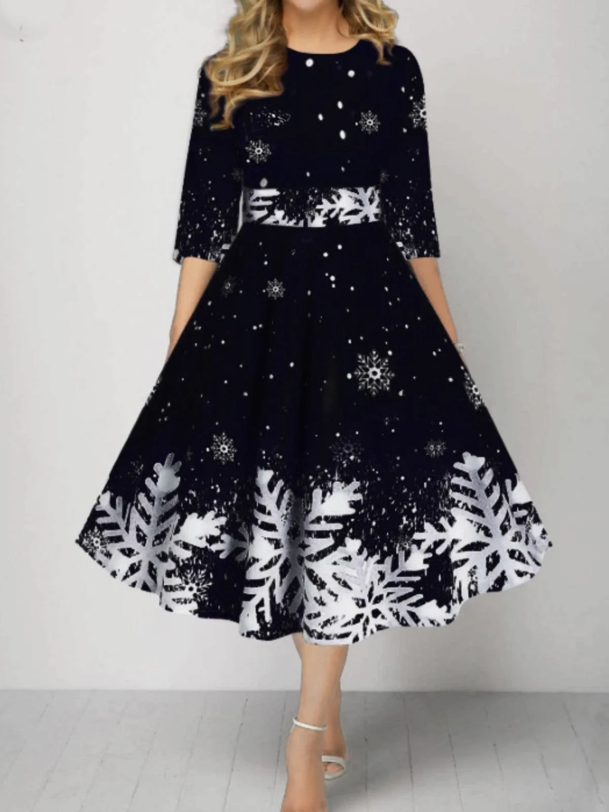 Women Christmas Spring/Fall Dress Crew Neck Three Quarter Sleeve A-Line Dress