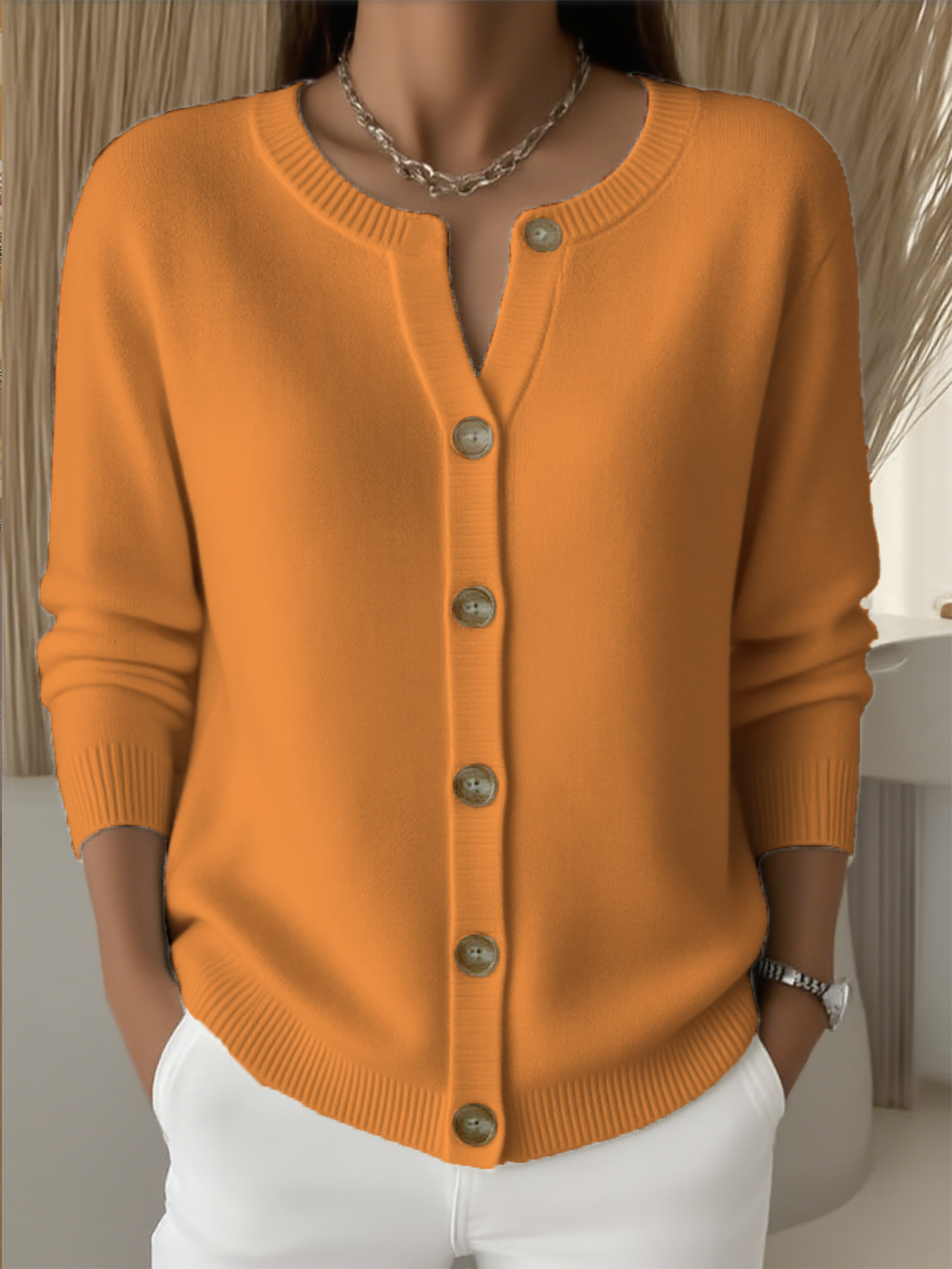 Women Knitted Plain Long Sleeve Comfy Vintage Cardigan