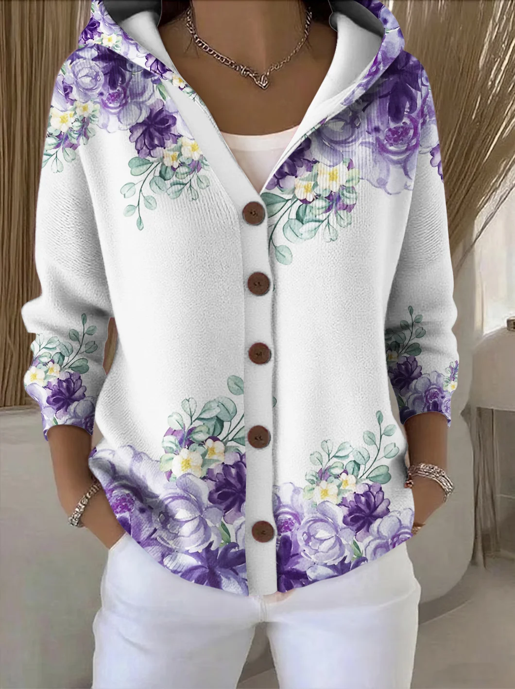 Women Cotton Floral Long Sleeve Comfy Casual Cardigan