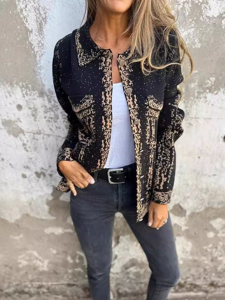 Women Spring/Fall Outerwear Vintage Printing Abstract Long Sleeve Shawl Collar Jacket