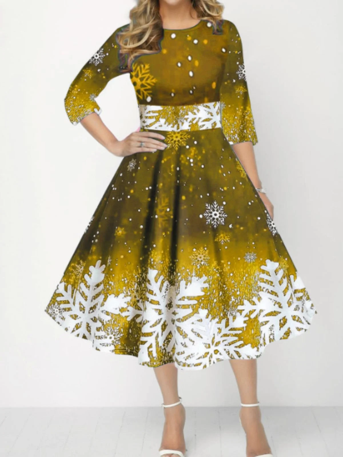 Women Christmas Spring/Fall Dress Crew Neck Three Quarter Sleeve A-Line Dress