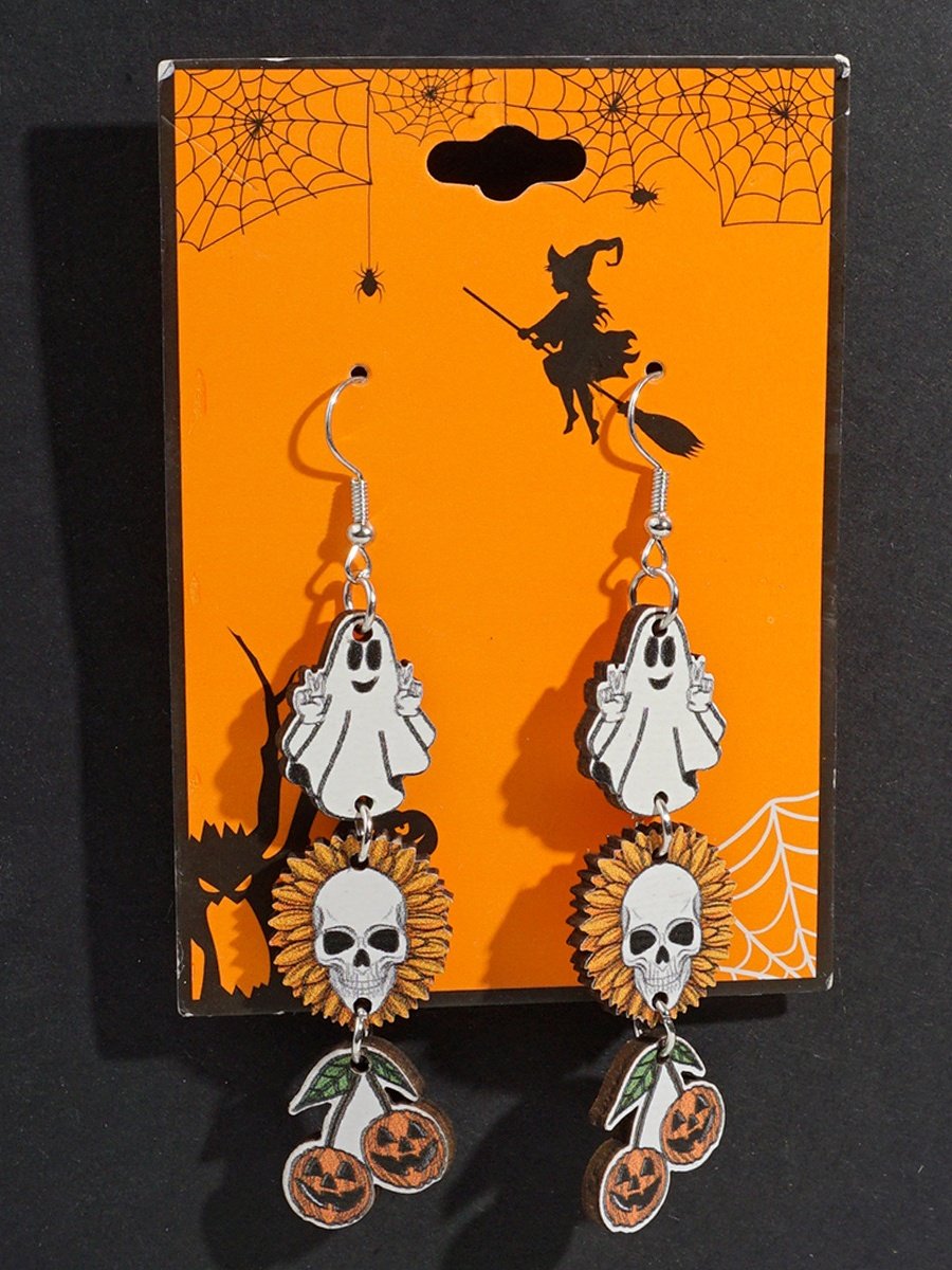 Halloween Themed Wooden Earrings Funny Cartoon Ghost Pumpkin Skull Kitten Long Pendant Party Decoration Earrings