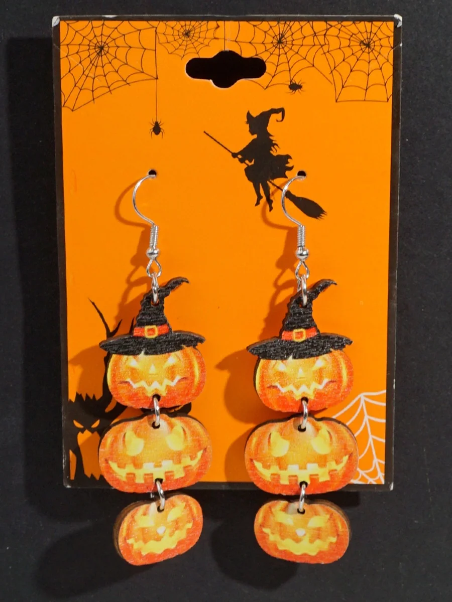 Halloween Themed Wooden Earrings Funny Cartoon Ghost Pumpkin Skull Kitten Long Pendant Party Decoration Earrings