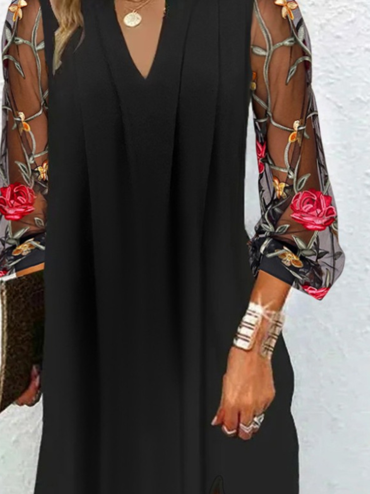 Women Floral Spring/Fall Dress V Neck Long Sleeve Prom Dress H-Line Dress