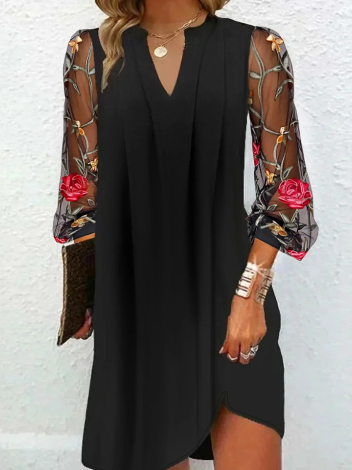 Women Floral Spring/Fall Dress V Neck Long Sleeve Prom Dress H-Line Dress