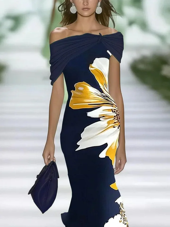 Women Floral Summer Printing Dress Cold Shoulder Cap Sleeve H-Line Dress