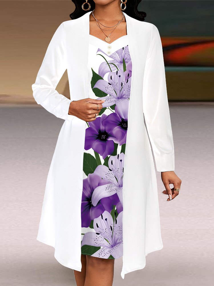 Women Floral Spring/Fall Dress V Neck Long Sleeve A-Line Dress