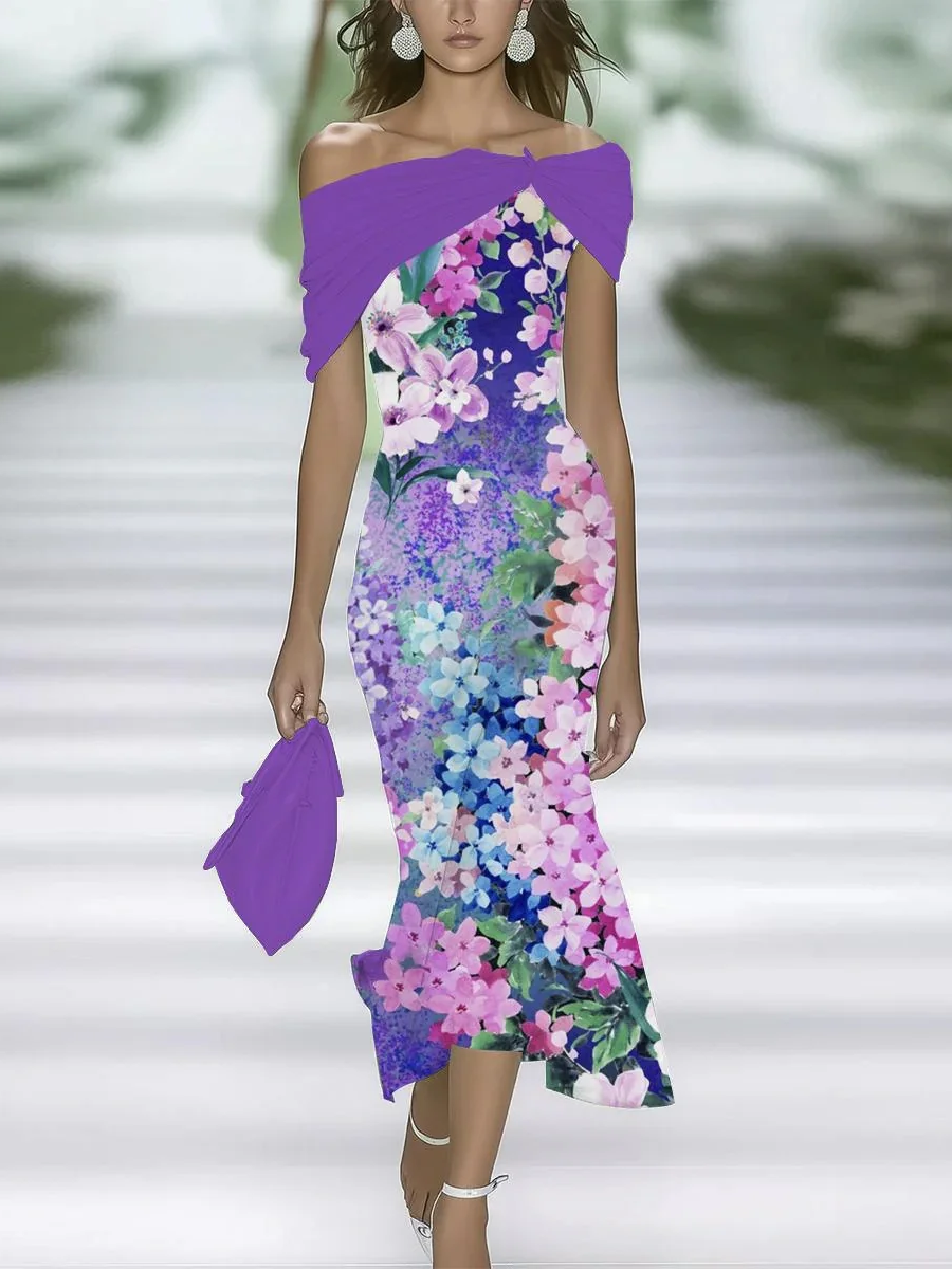 Women Floral Summer Printing Dress Cold Shoulder Cap Sleeve H-Line Dress