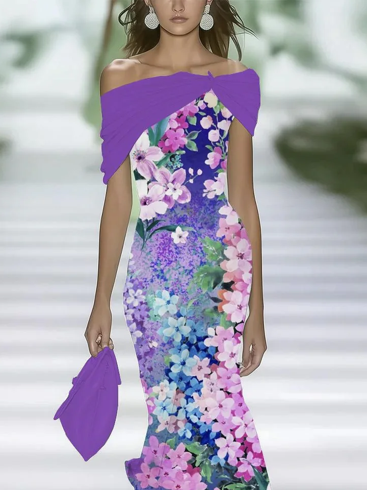 Women Floral Summer Printing Dress Cold Shoulder Cap Sleeve H-Line Dress