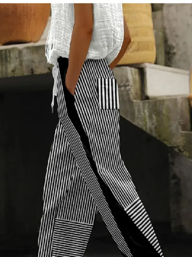 Women Striped Long Pants Casual Spring/Fall Trousers