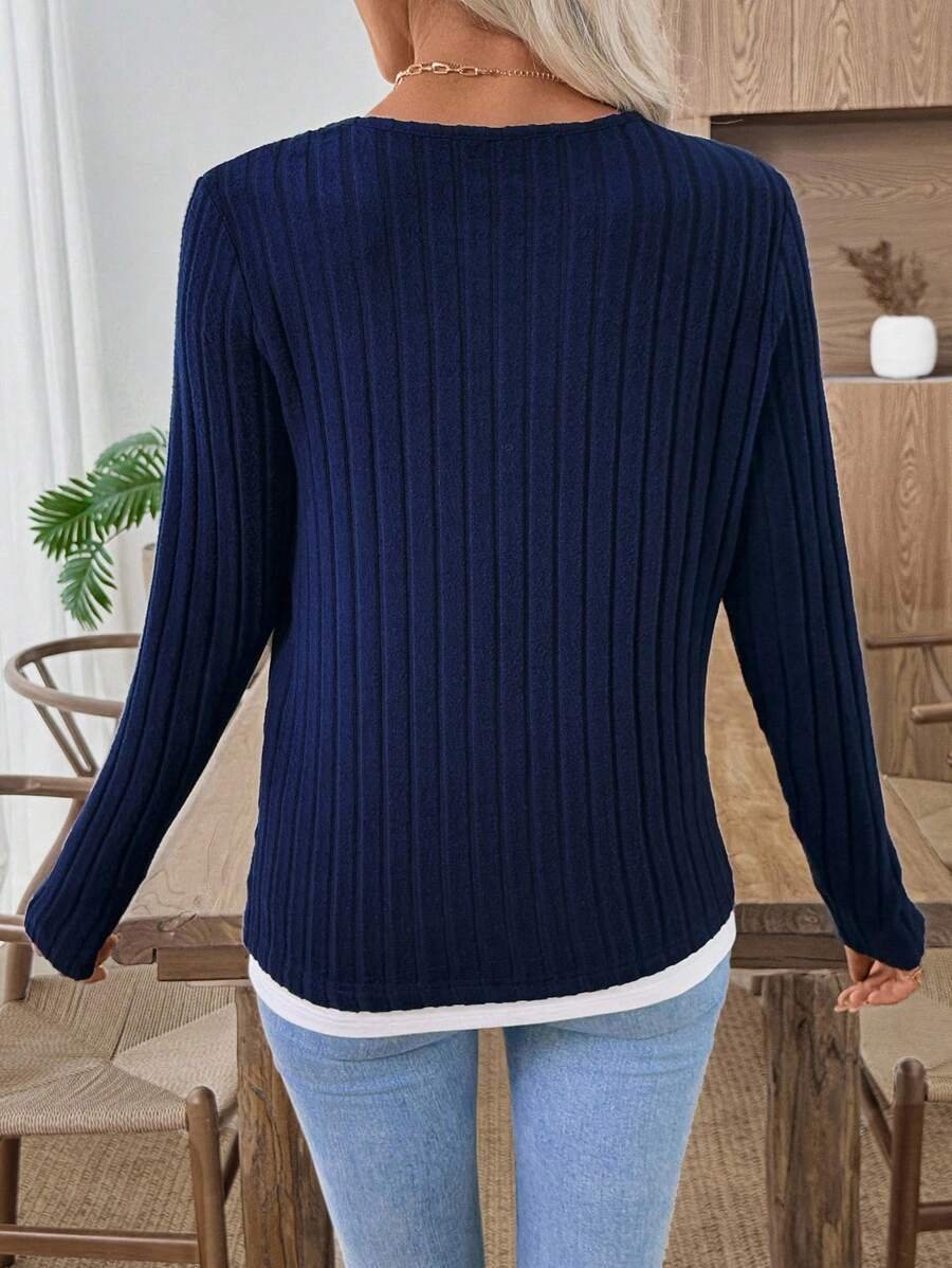 Casual Plain V Neck Long Sleeve T-shirt