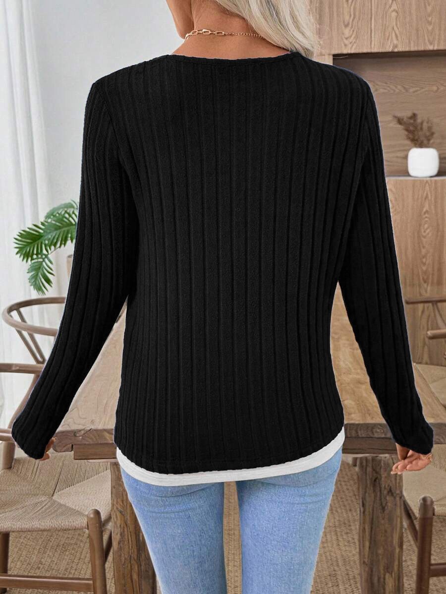 Casual Plain V Neck Long Sleeve T-shirt