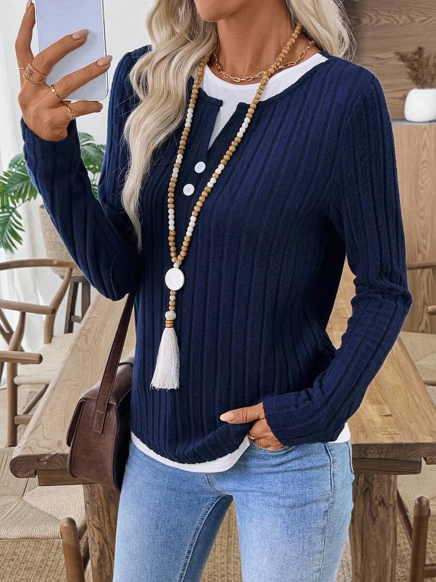 Casual Plain V Neck Long Sleeve T-shirt