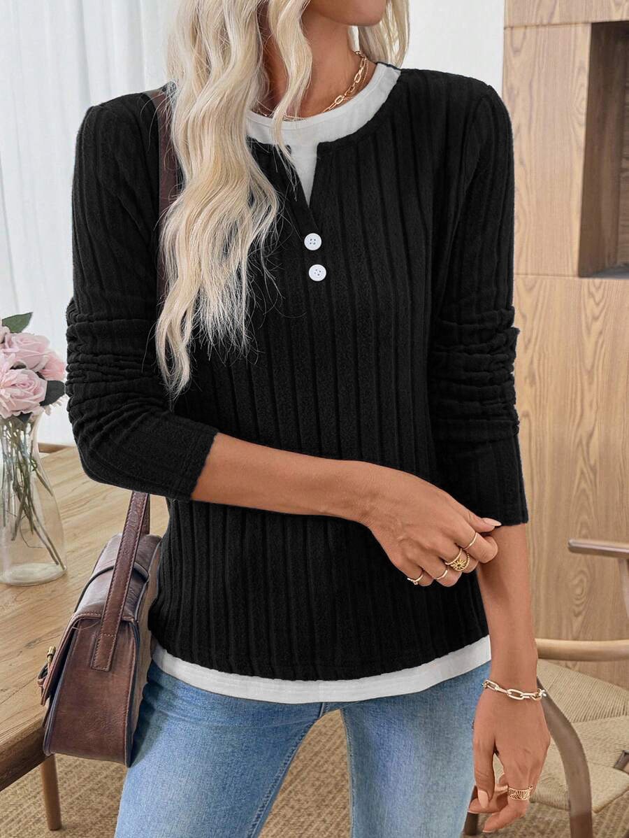 Casual Plain V Neck Long Sleeve T-shirt
