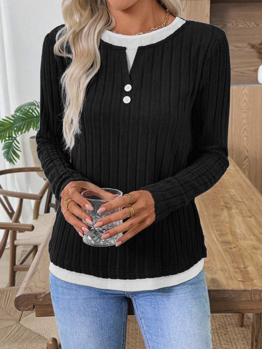 Casual Plain V Neck Long Sleeve T-shirt