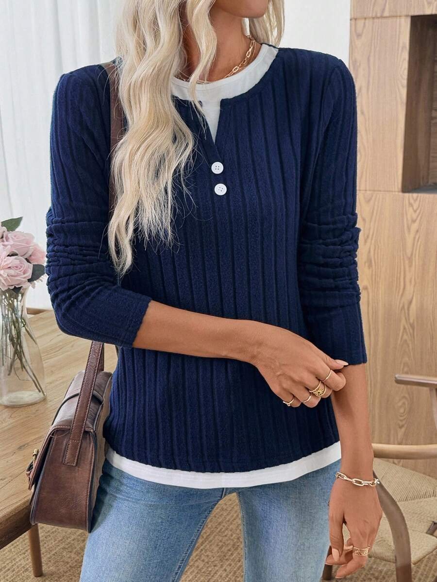 Casual Plain V Neck Long Sleeve T-shirt