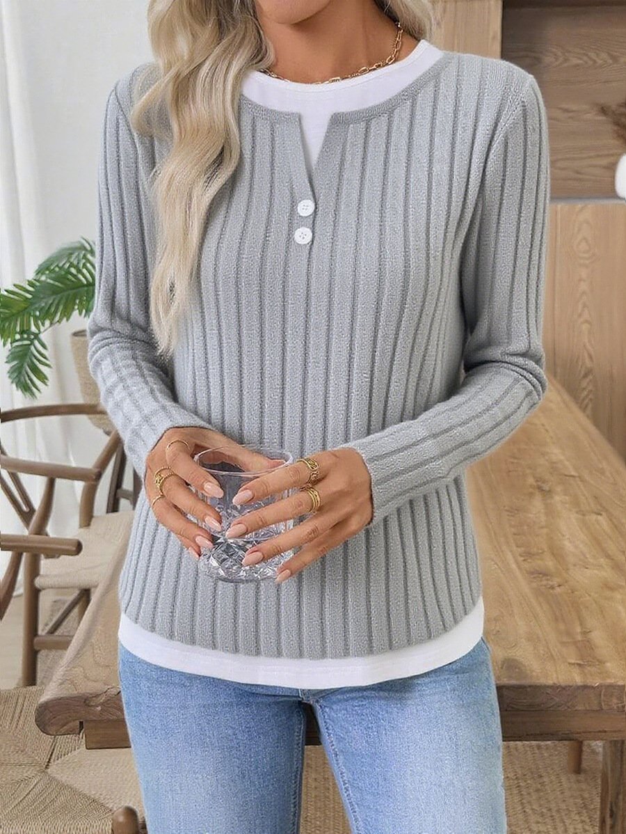 Casual Plain V Neck Long Sleeve T-shirt