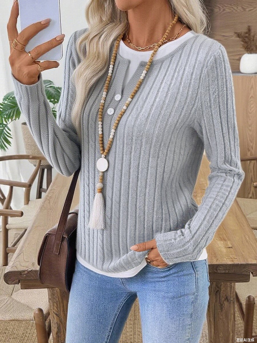 Casual Plain V Neck Long Sleeve T-shirt