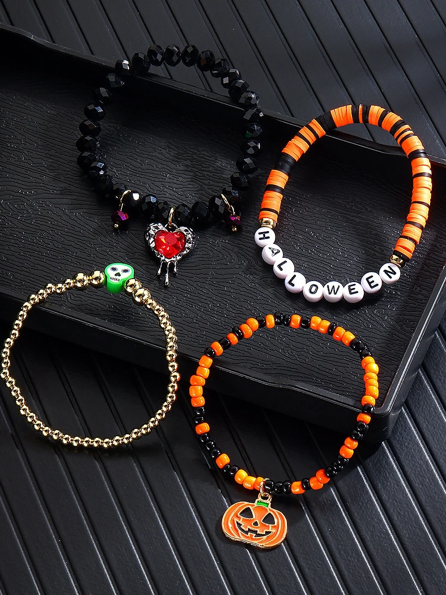 Hot Selling Orange Rice Beads Crystal Metal-plated Polymer Clay Pumpkin Skull Pendant Halloween Beaded Bracelet