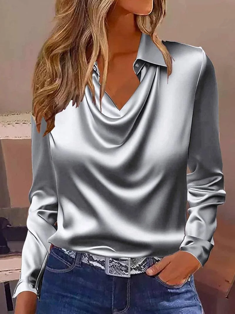 Cowl Neck Long Sleeve Plain Regular Regular Fit Shirt For Women