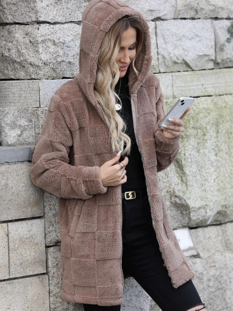 Women Spring/Fall Outerwear Casual Plain Teddy Fleece Hoodie Jacket
