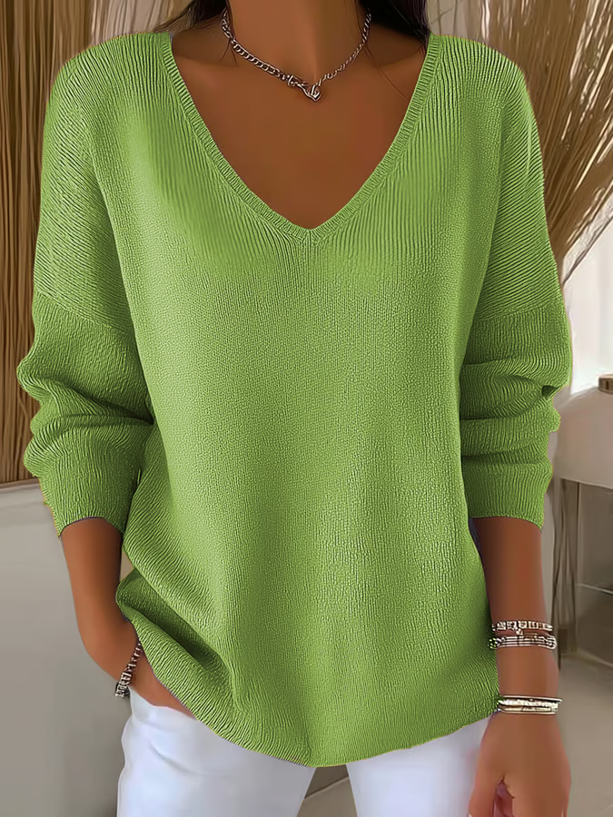 Casual Plain V Neck Long Sleeve T-shirt