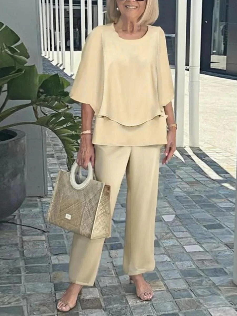 Women Striped Bell Sleeve Two-Piece Set Holiday Three Quarter Sleeve Vintage Spring/Fall Top With Pants Matching Set