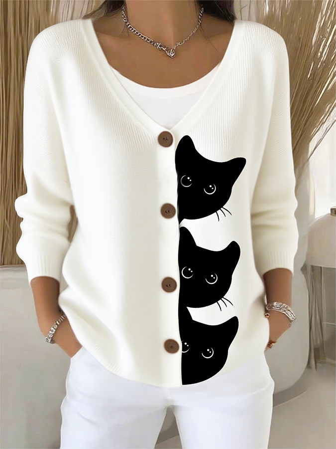 Women Cat Long Sleeve Comfy Casual Cardigan