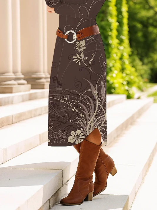 Women Floral Spring/Fall Dress Crew Neck Long Sleeve T-Shirt Dress A-Line Dress