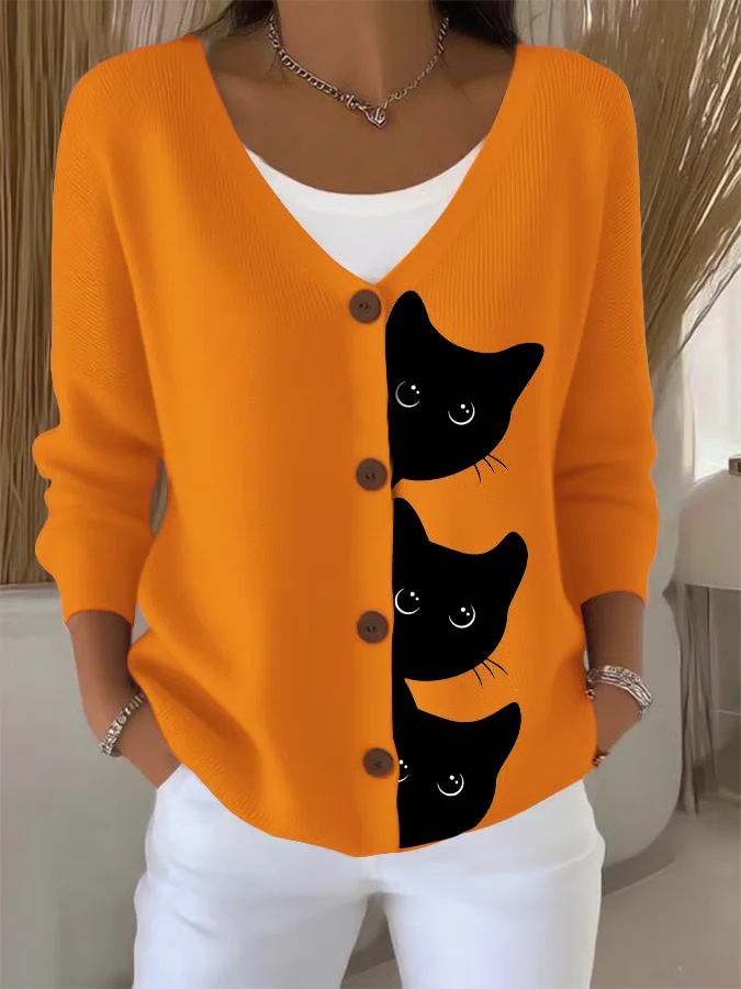 Women Cat Long Sleeve Comfy Casual Cardigan