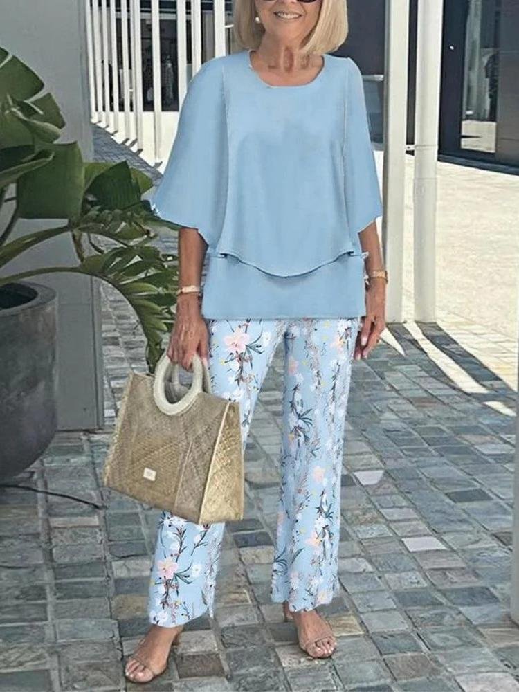 Women Striped Bell Sleeve Two-Piece Set Holiday Three Quarter Sleeve Vintage Spring/Fall Top With Pants Matching Set