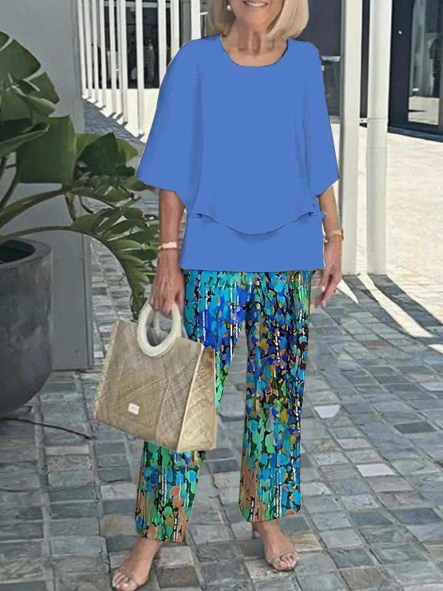 Women Striped Bell Sleeve Two-Piece Set Holiday Three Quarter Sleeve Vintage Spring/Fall Top With Pants Matching Set