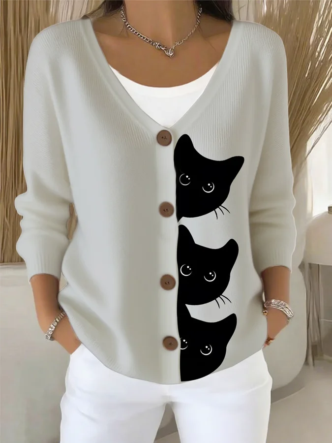 Women Cat Long Sleeve Comfy Casual Cardigan