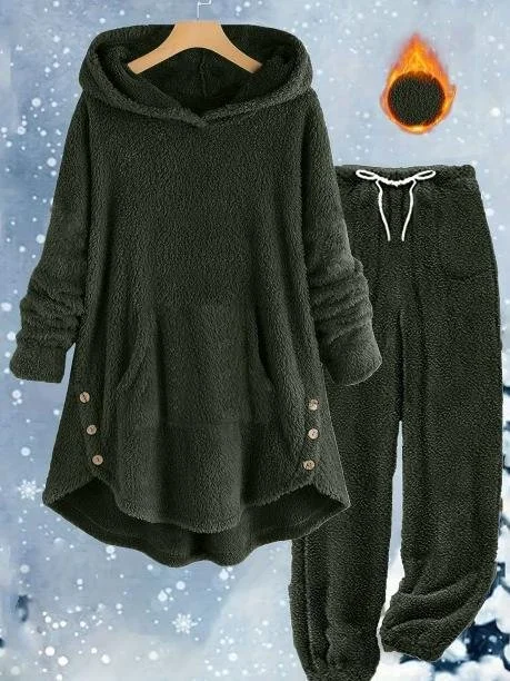 Women Plain Two-Piece Set Daily Long Sleeve Casual Winter Top With Pants Matching Set