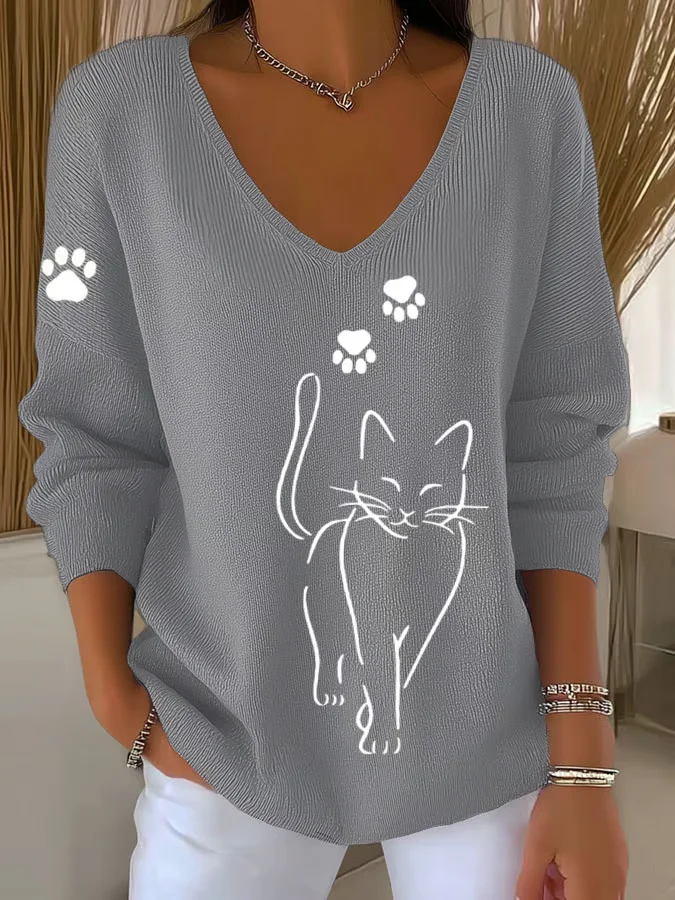 Casual Cute Cat Print V Neck Long Sleeve T-shirt