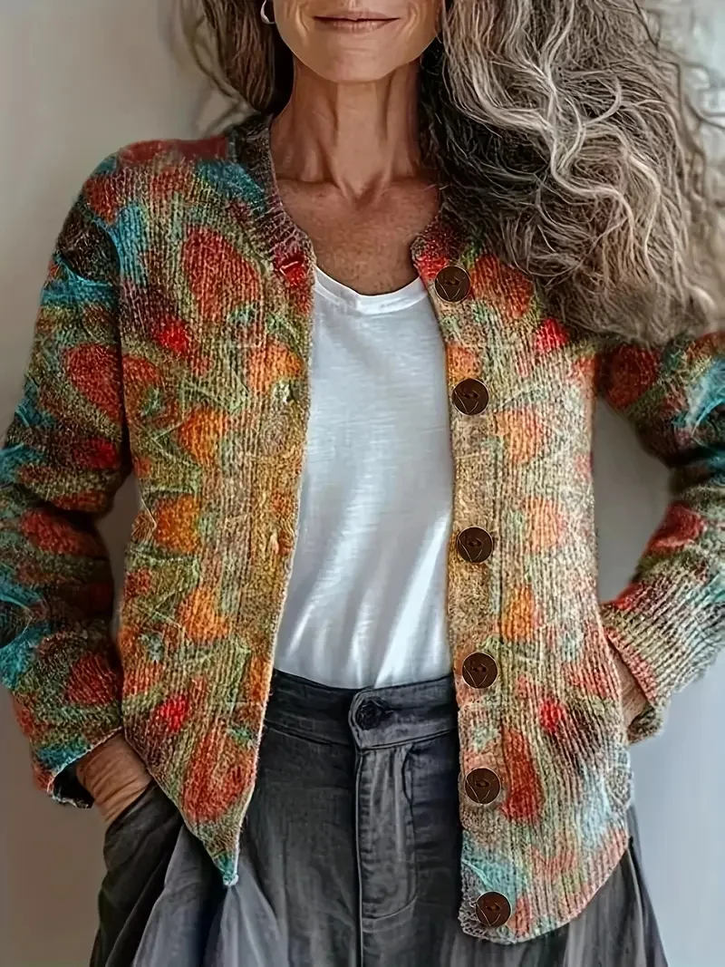 Women Knitted 3D Printing Long Sleeve Comfy Casual Cardigan