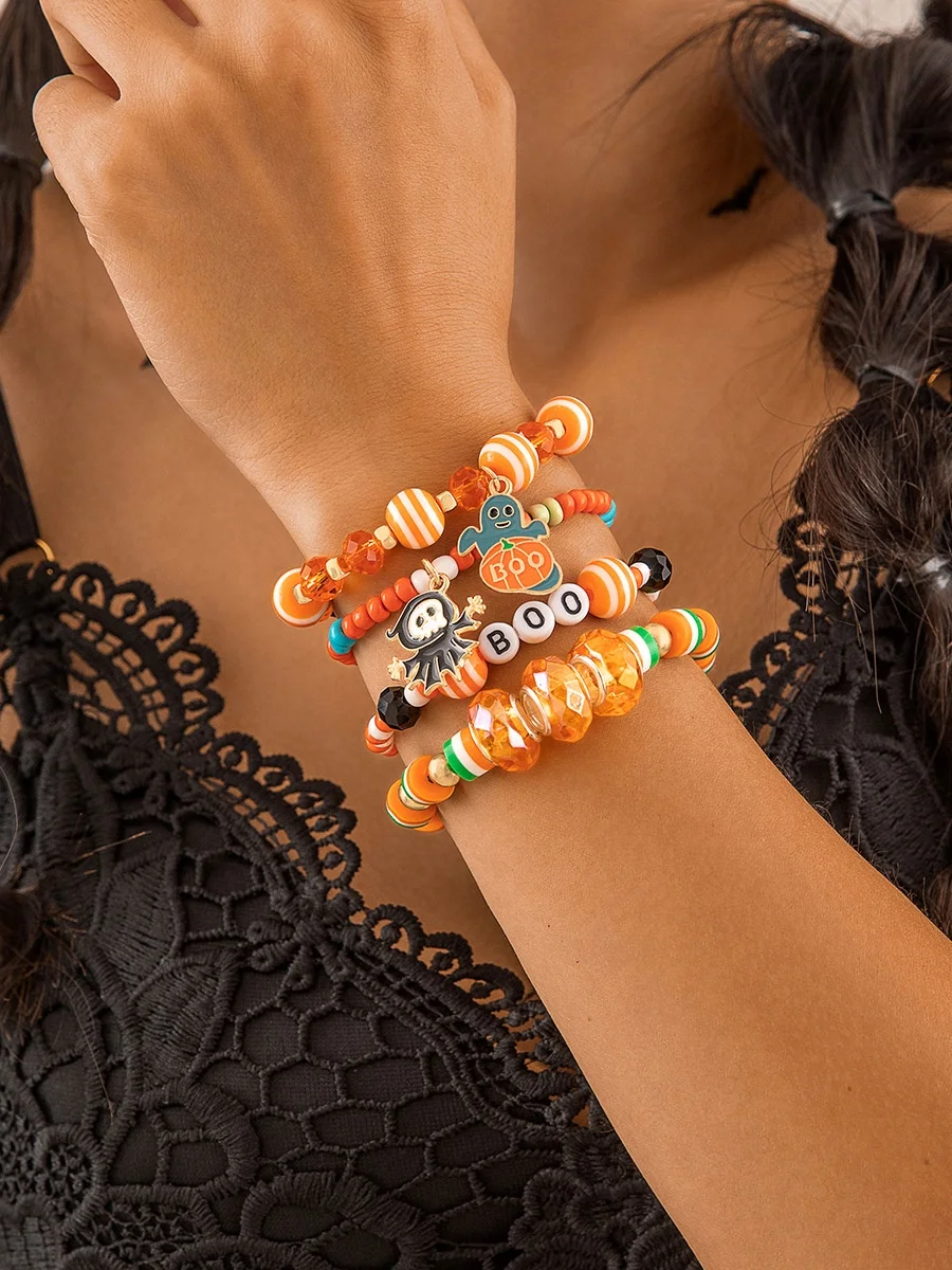 Halloween Funny Skull Rice Bead Bracelet Set Personality Devil Eye Glaze Bat Multi-layer Bracelet