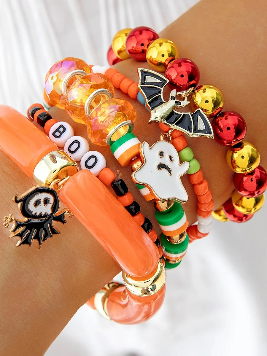 Halloween Funny Skull Rice Bead Bracelet Set Personality Devil Eye Glaze Bat Multi-layer Bracelet