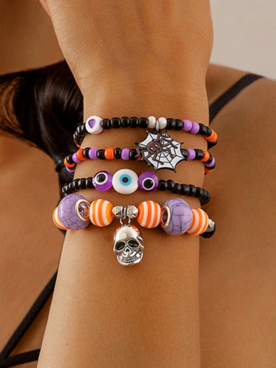 Halloween Funny Skull Rice Bead Bracelet Set Personality Devil Eye Glaze Bat Multi-layer Bracelet